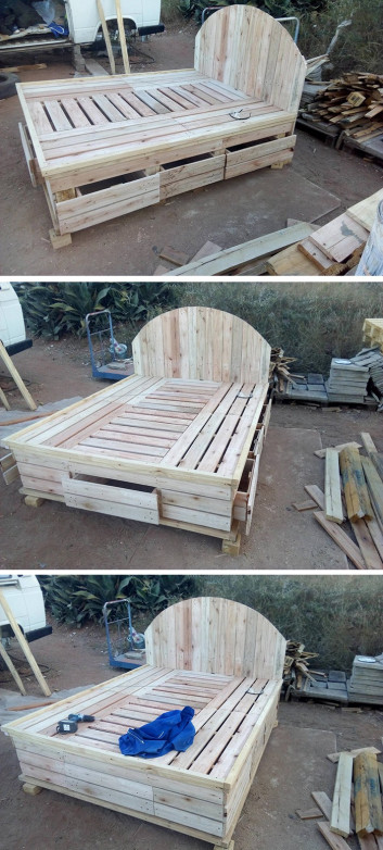 wooden pallet bed frame with storage boxes