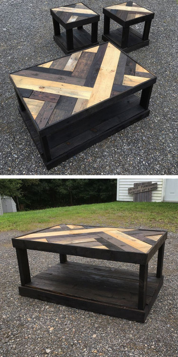 wooden pallet table with small stools