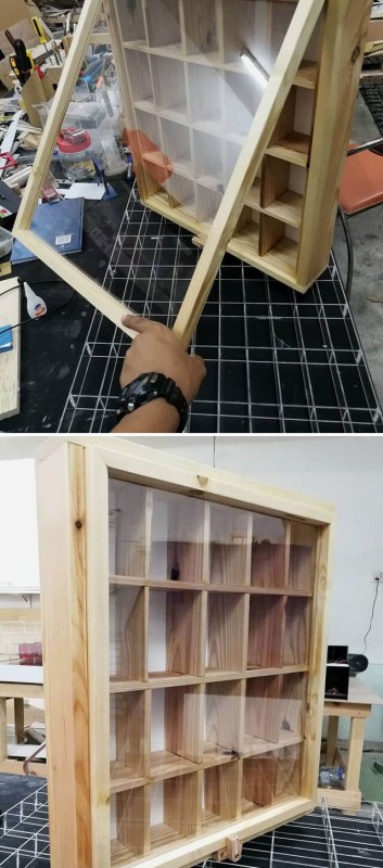 pallet wall shelf with books storage boxes